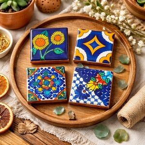 Artisan Handcrafted Terracotta Tile Magnets Set of 4 Hand Painted 2”